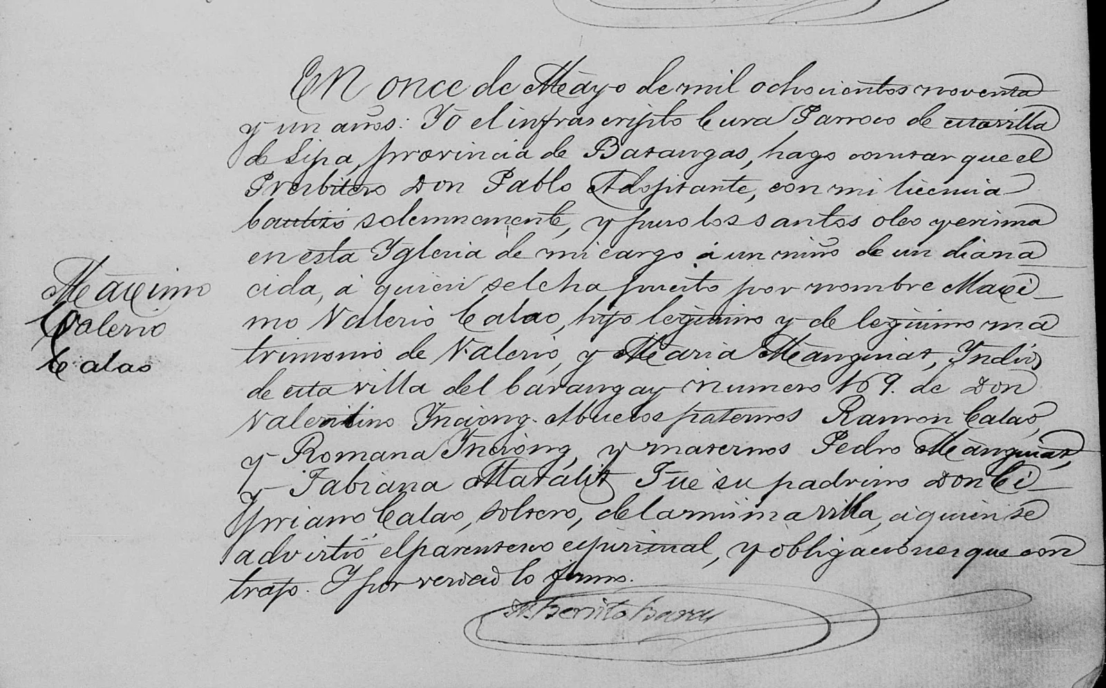 The baptismal entry for Maximo Valerio Calao, Lipa, 1891