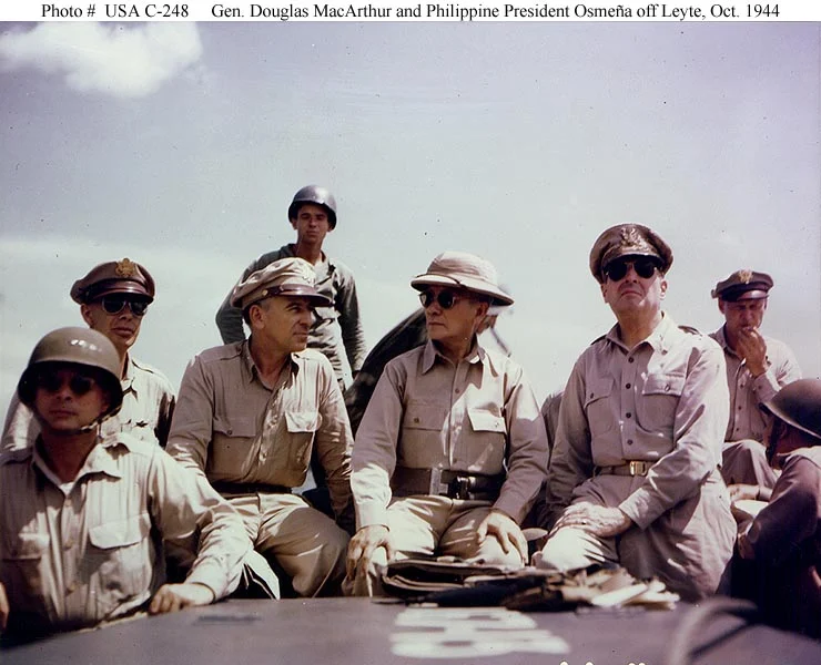 Osmeña and MacArthur en route to the Leyte landing beaches, 20 October 1944
