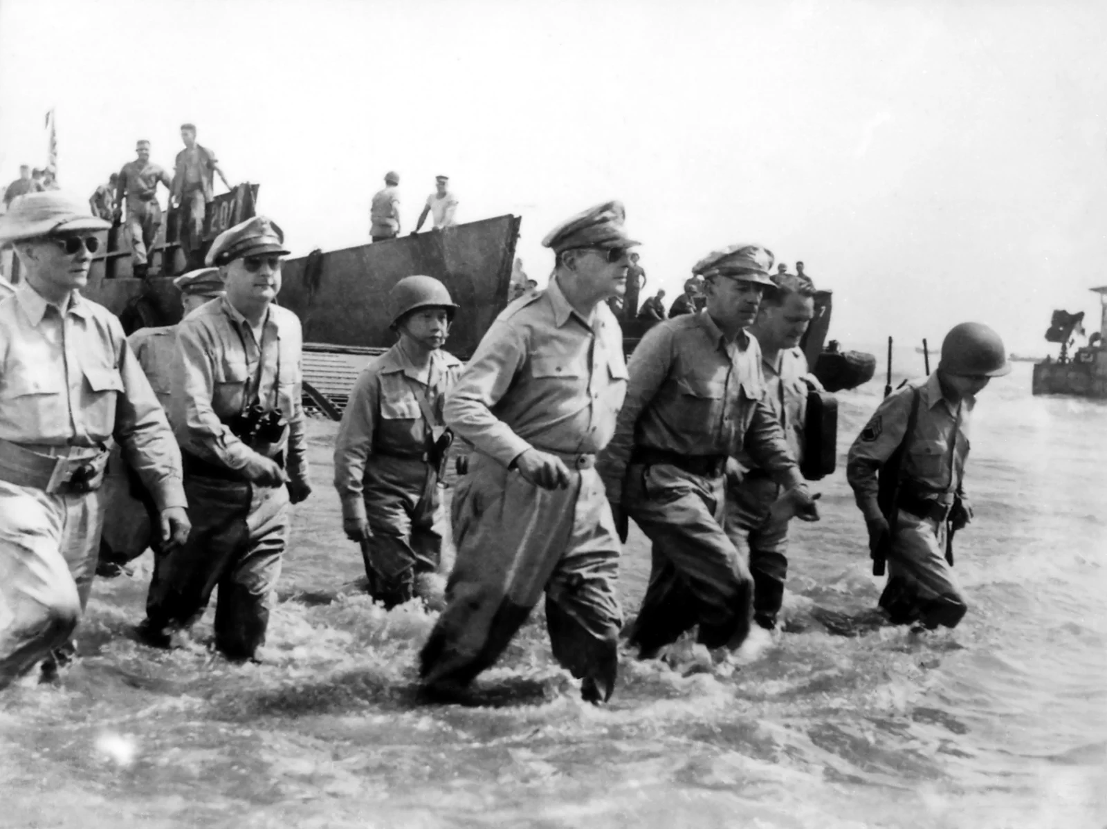 MacArthur and Osmeña wading ashore at Leyte, October 1944