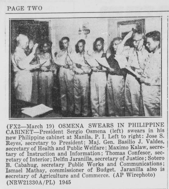 Newspaper clipping: Osmeña swears in his Philippine cabinet, March 1945
