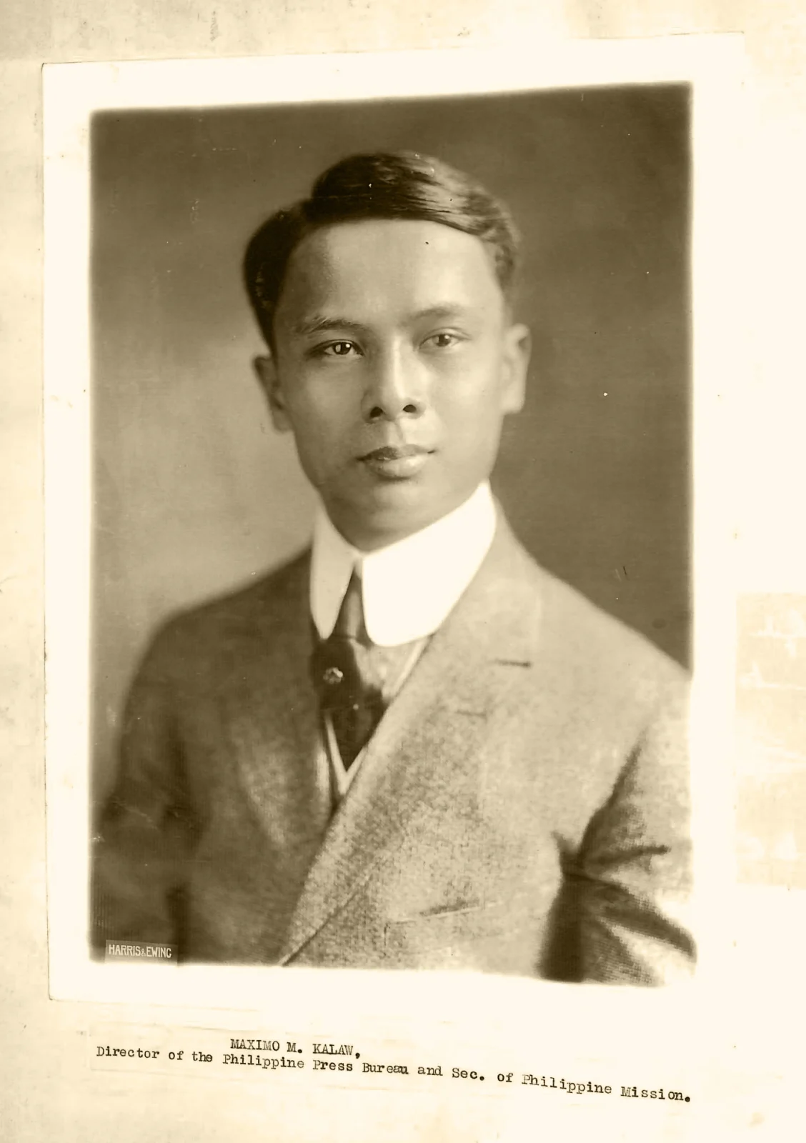 Harris and Ewing studio portrait of Maximo M. Kalaw, from the Tavenner scrapbook
