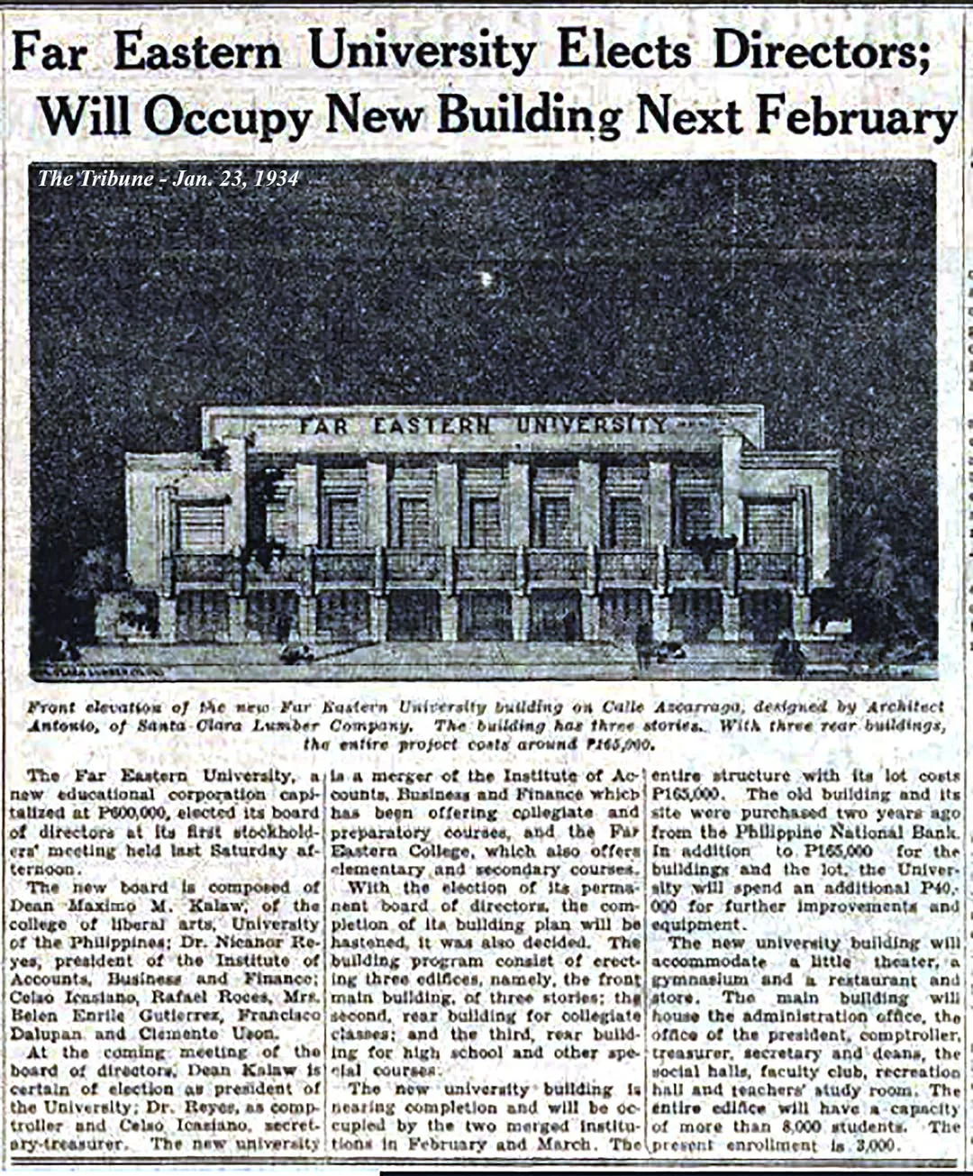 Tribune report on the founding of Far Eastern University, 1934