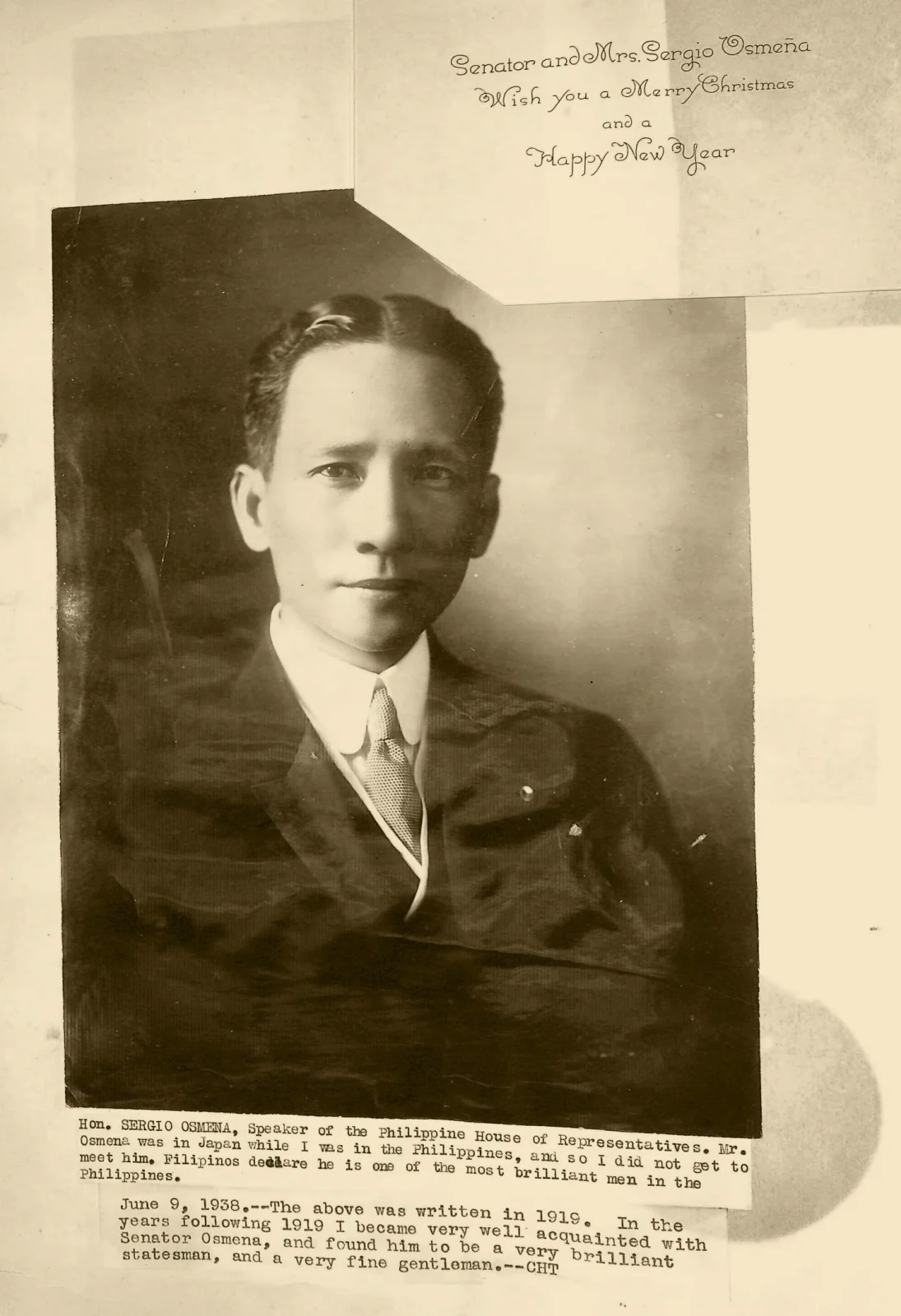 Portrait of Sergio Osmeña from the Clyde Tavenner scrapbook