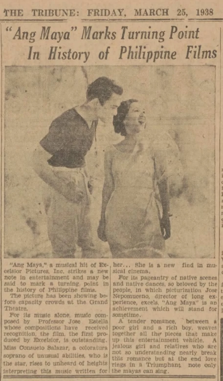 The Tribune on Excelsior’s film Ang Maya, March 1938