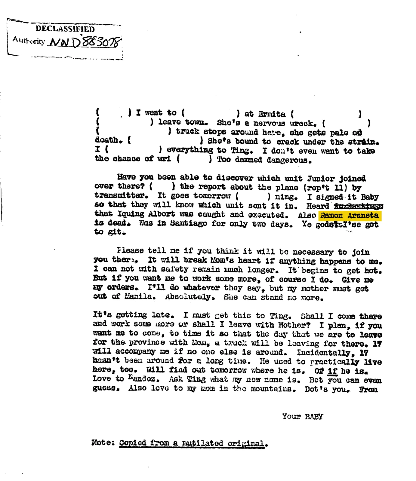 Porch Club dispatch reporting Ramon’s death, 22 November 1944