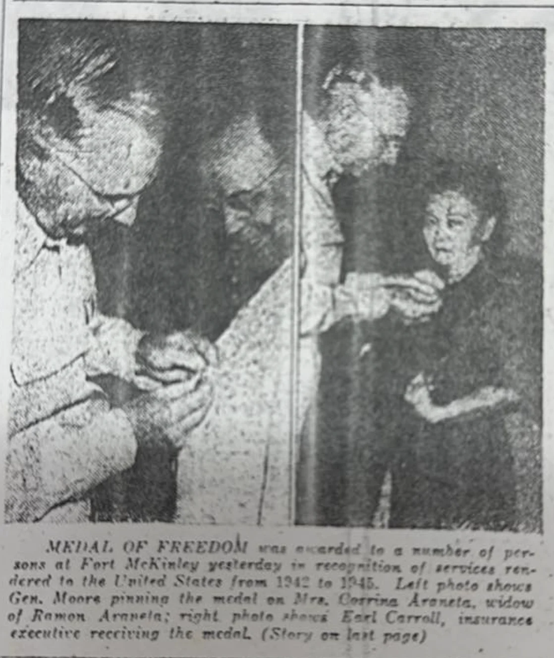Newspaper clipping of the 1948 Medal of Freedom ceremony at Fort McKinley