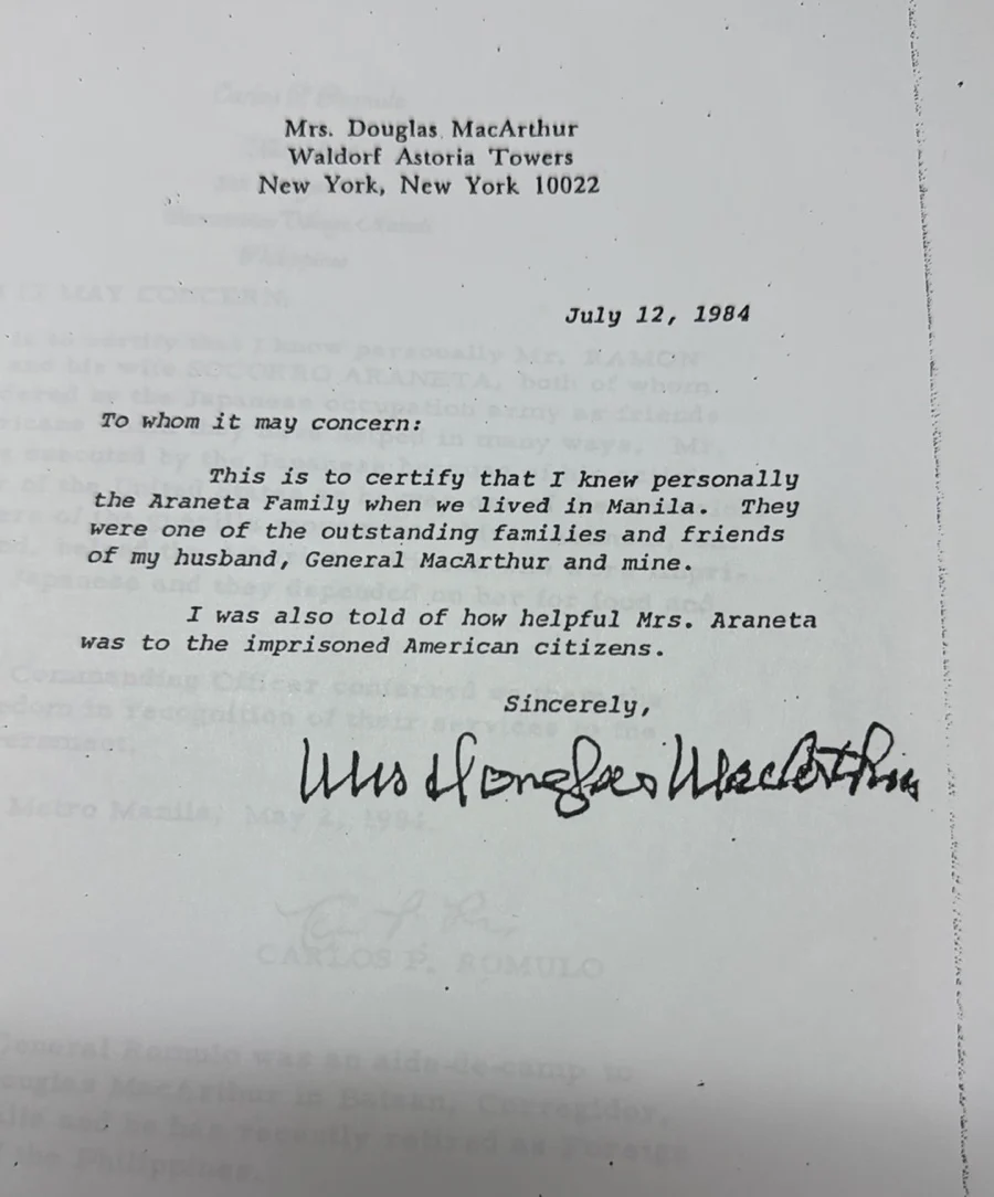 Mrs. Douglas MacArthur’s 1984 letter for the Araneta family