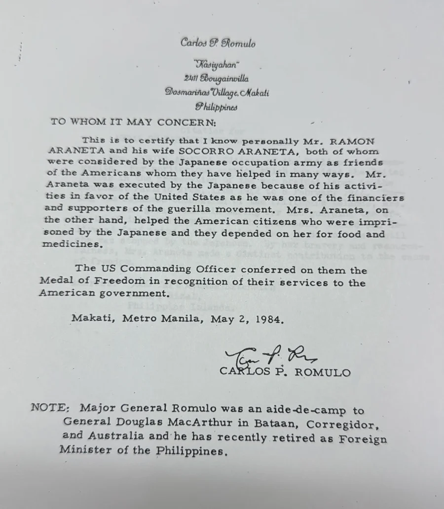 Carlos P. Romulo’s 1984 testimonial letter for the Aranetas