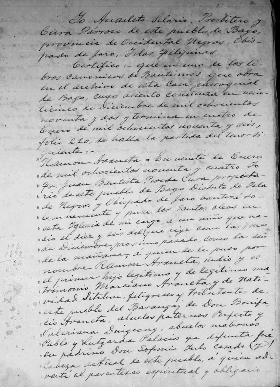 Page one of the 1920 certified transcript of Ramon Araneta’s 1894 baptismal record, Bago parish