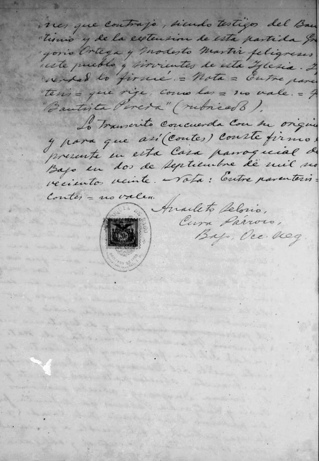 Page two of the transcript, with the parish seal and Fr. Anacleto Selorio’s signature