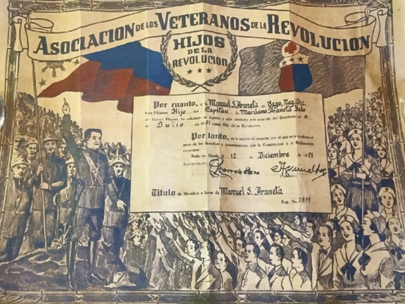 Certificate of the Asociación de los Veteranos de la Revolución for Manuel S. Araneta