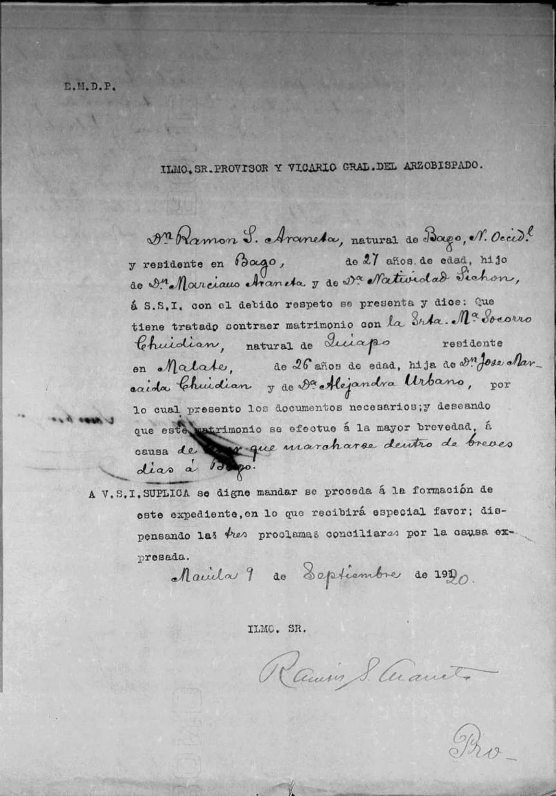 The opening petition page of the 1920 expediente matrimonial of Ramon Araneta and Maria Socorro Chuidian, signed by Ramon