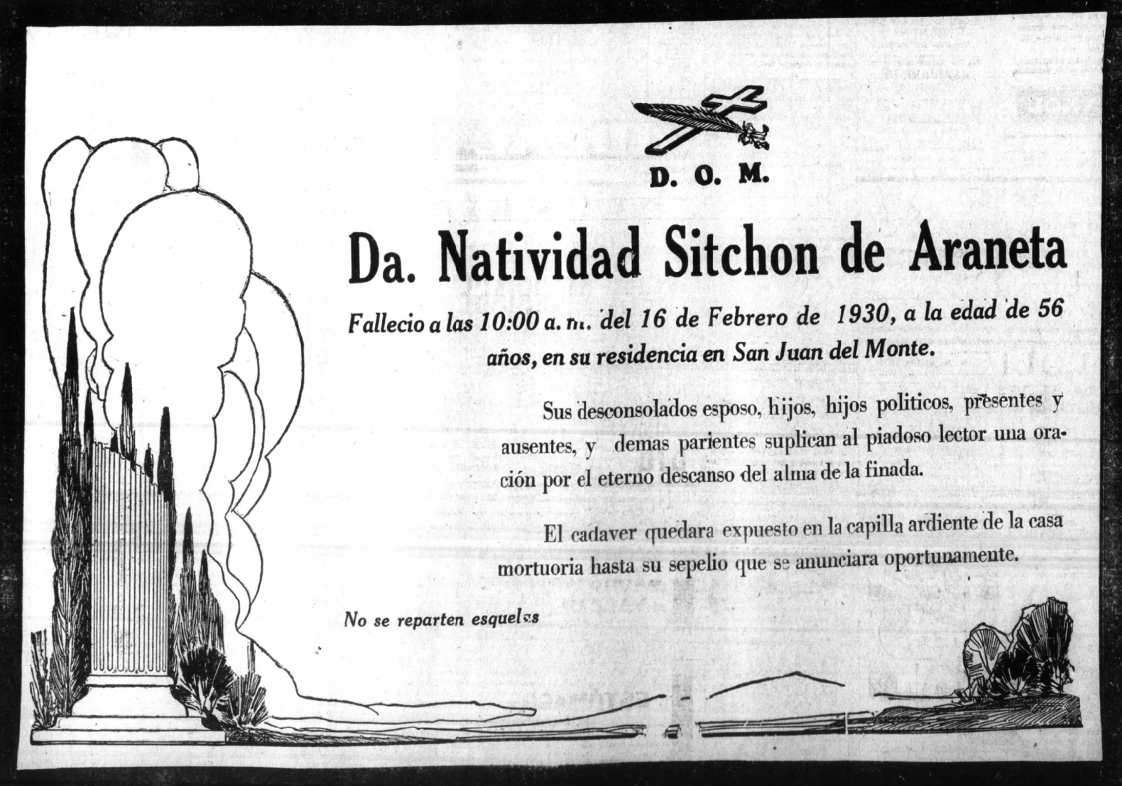 Death notice of Natividad Sitchon de Araneta, 1930