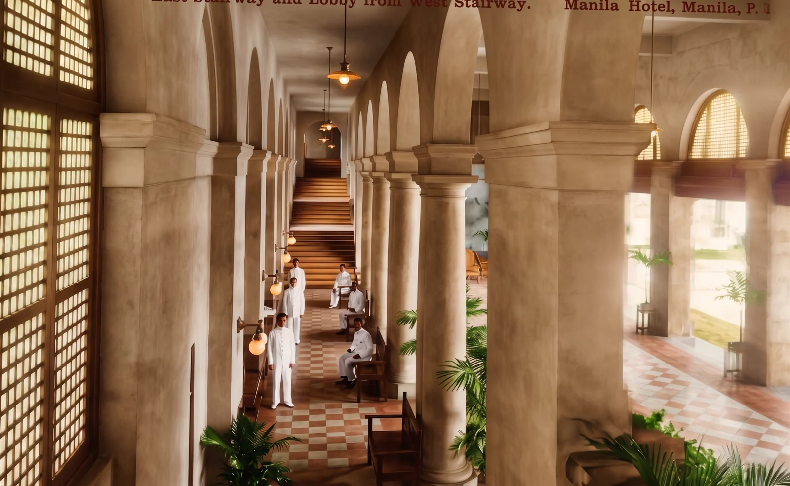 The east stairway and lobby arcade of the Manila Hotel